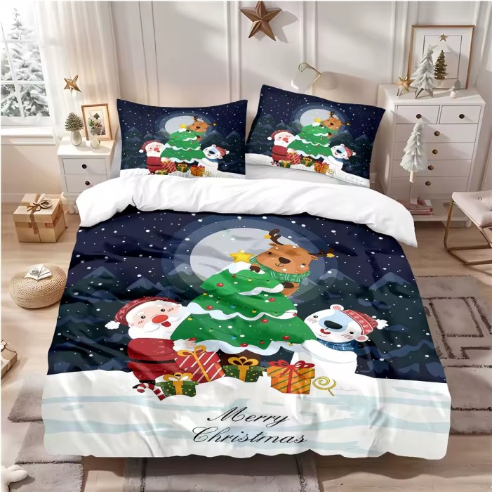 3pcs Christmas Printed Bedding Set – Chipless, Soft & Washable (Multi-Size)