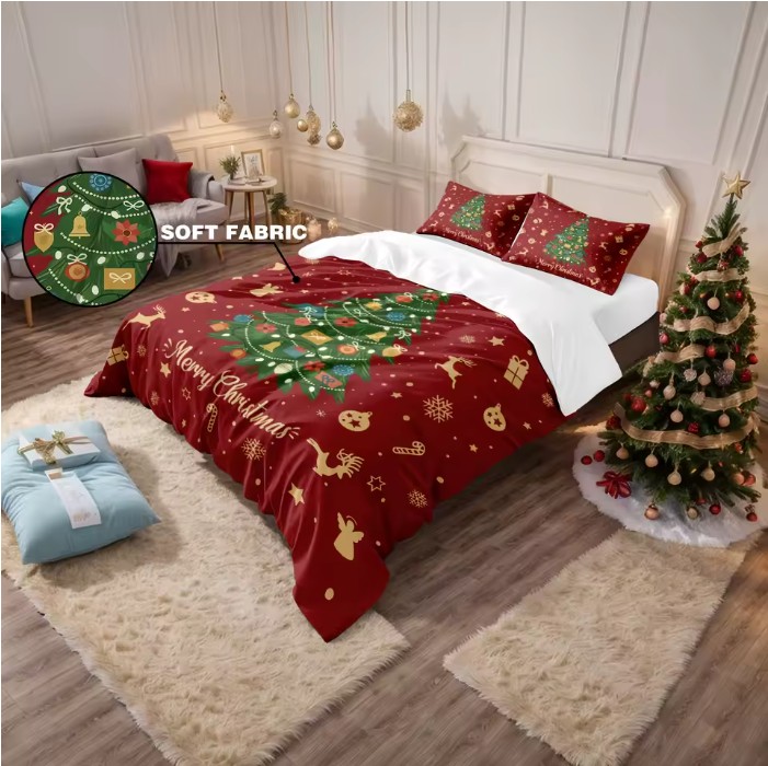 3pcs Christmas Tree Red Bedding Set – Coreless, Soft & Washable (Multi-Size) - Image 2