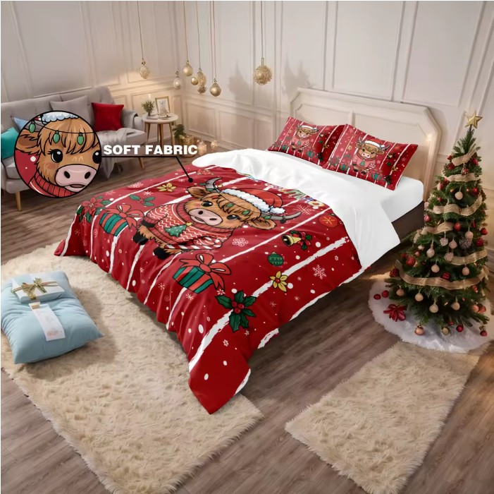 3pcs Christmas Highland Cow Quilt Set – Soft, Washable Holiday Bedding - Image 2