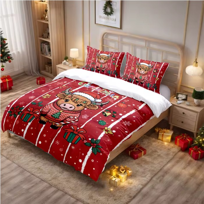 3pcs Christmas Highland Cow Quilt Set – Soft, Washable Holiday Bedding - Image 4