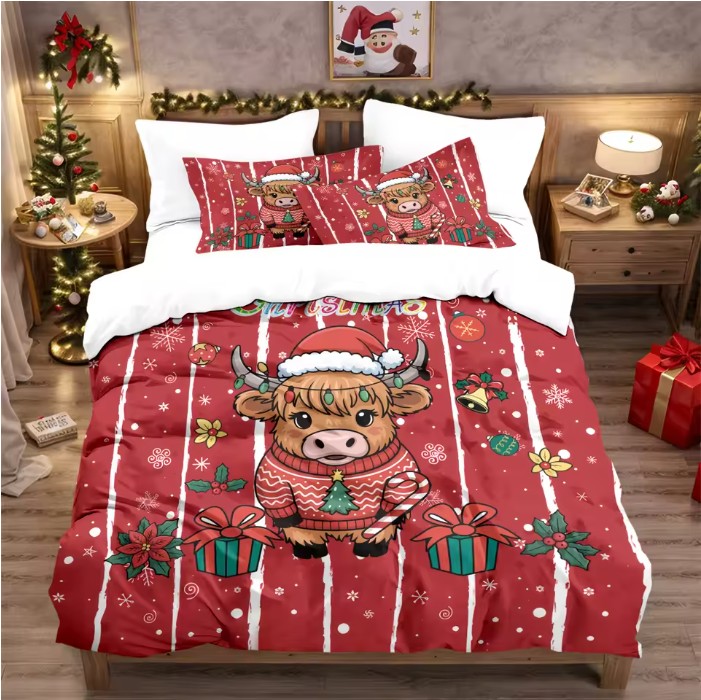 3pcs Christmas Highland Cow Quilt Set – Soft, Washable Holiday Bedding - Image 6